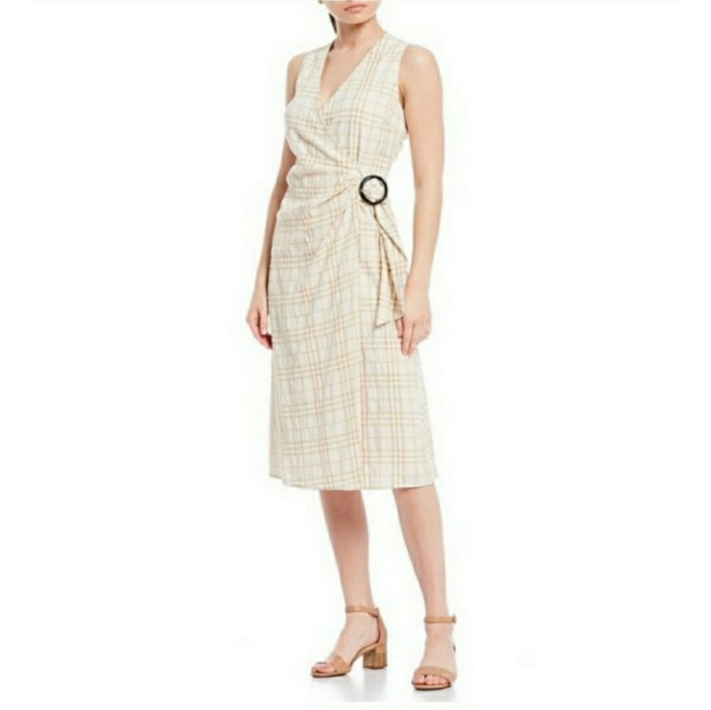 Alex Marie Khaki And Ivory Plaid Faux Wrap Dress V-neck Sleeveless Size 8